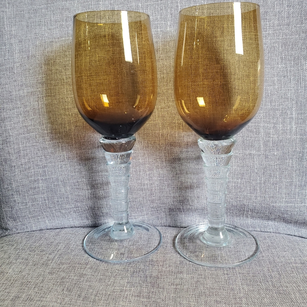 Vintage Amber Wine Glass Set of 2 Stems Grapes